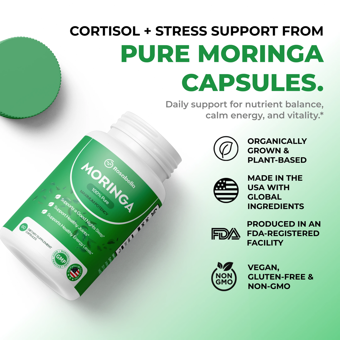 Moringa: Reduce naturalmente el cortisol para ayudar a restablecer el equilibrio interno y externo.